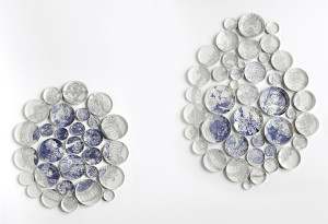 Molly Hatch, Quand on Aime, Tout est Plaisir-After Fragonard, 2011over 70 wheel-thrown porcelain plates with inlaid cobalt slip