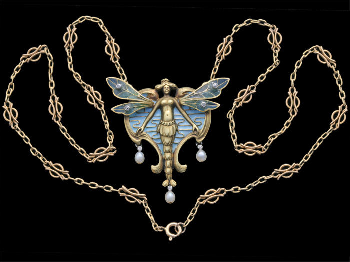 GASTON LAFFITTE Attrib. Beautiful Symbolist PendantGold Plique-à-jour Pearl Diamond EnamelPendant. French, c.1900