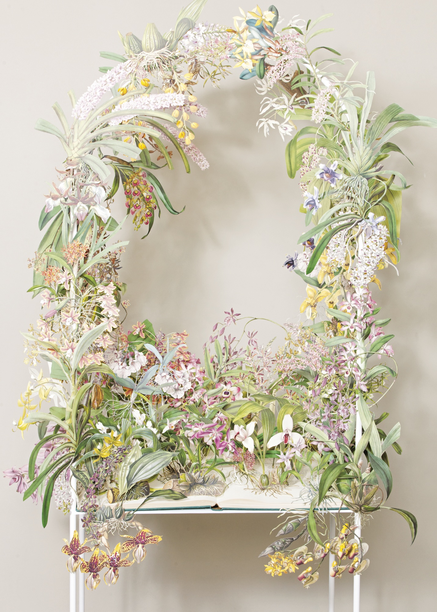 Su Blackwell, SERTUM ORCHIDACEUM (A WREATH OF THE MOST BEAUTIFUL ORCHIDACEIOUS FLOWERS), 2013 steel frame, with book and paper cut-outs 250 by 100 by 50cm.; 98 3/8  by 39 3/8  by 19 3/4in. Lot 3 Sotheby's Modern Makers.