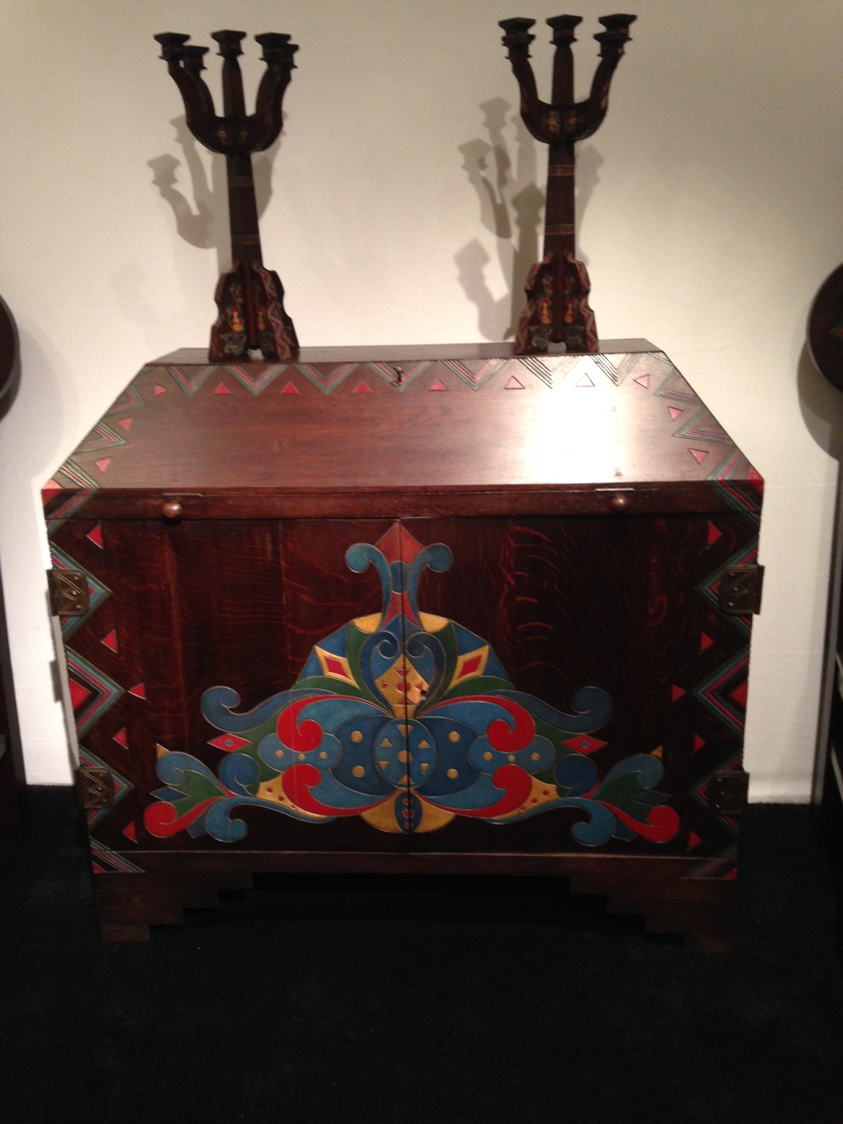 Anna Semenova, Hand-painted and hand-carved suite of furniture, ca. 1910's. The Russian-born Semenova is virtually unknown. This suit of furniture included a table with chairs, sideboards, and wall-mounted candelabras. The suite was designed for the artist's home Chateau de la Roche. Gallerie du Passage, Paris. 
